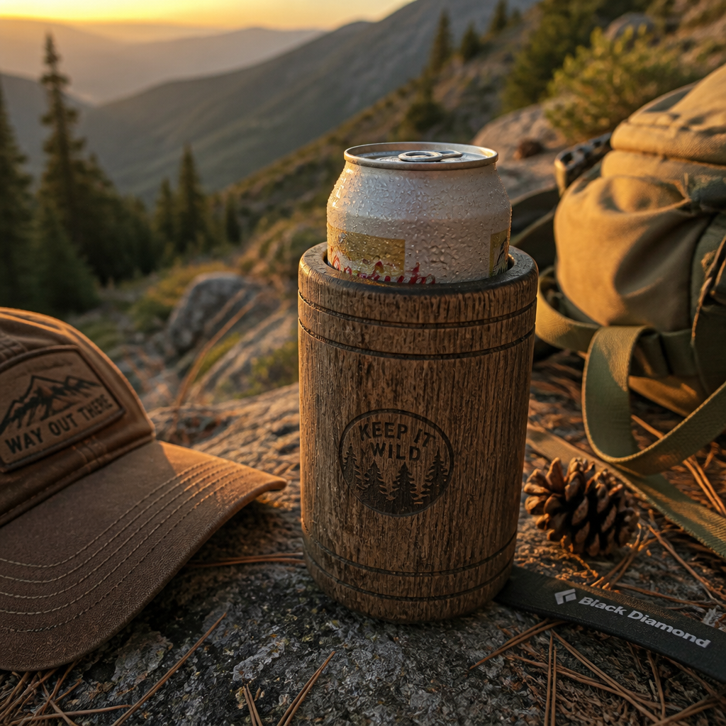 Hardwood can insulator on mountain trail with hiking gear and natural scenery