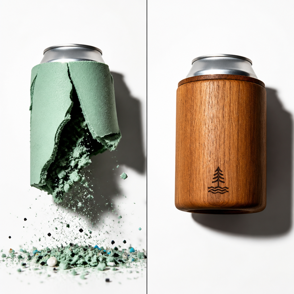 Visual comparison of deteriorating foam koozie versus durable wooden insulator