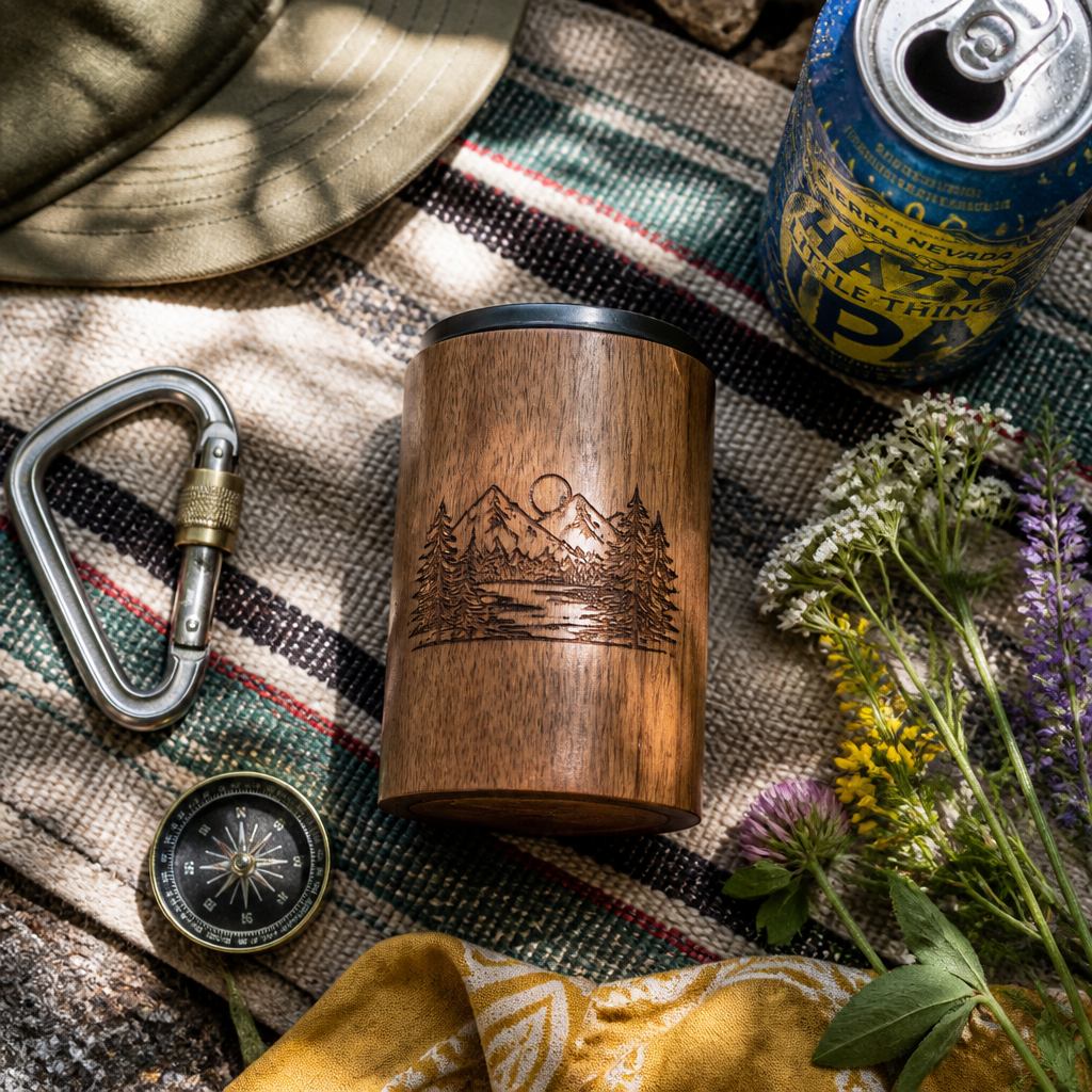 Wooden can insulator arranged with outdoor camping and picnic supplies in natural light