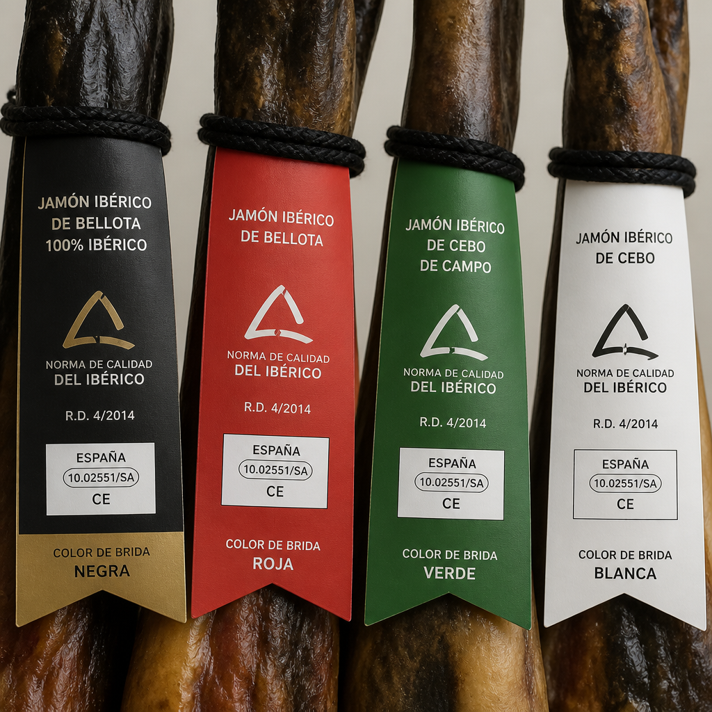 Detalle de los cuatro precintos de colores obligatorios en jamón ibérico según normativa