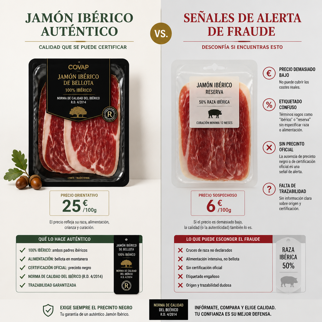 Comparación visual entre jamón ibérico auténtico y señales de fraude en compra online