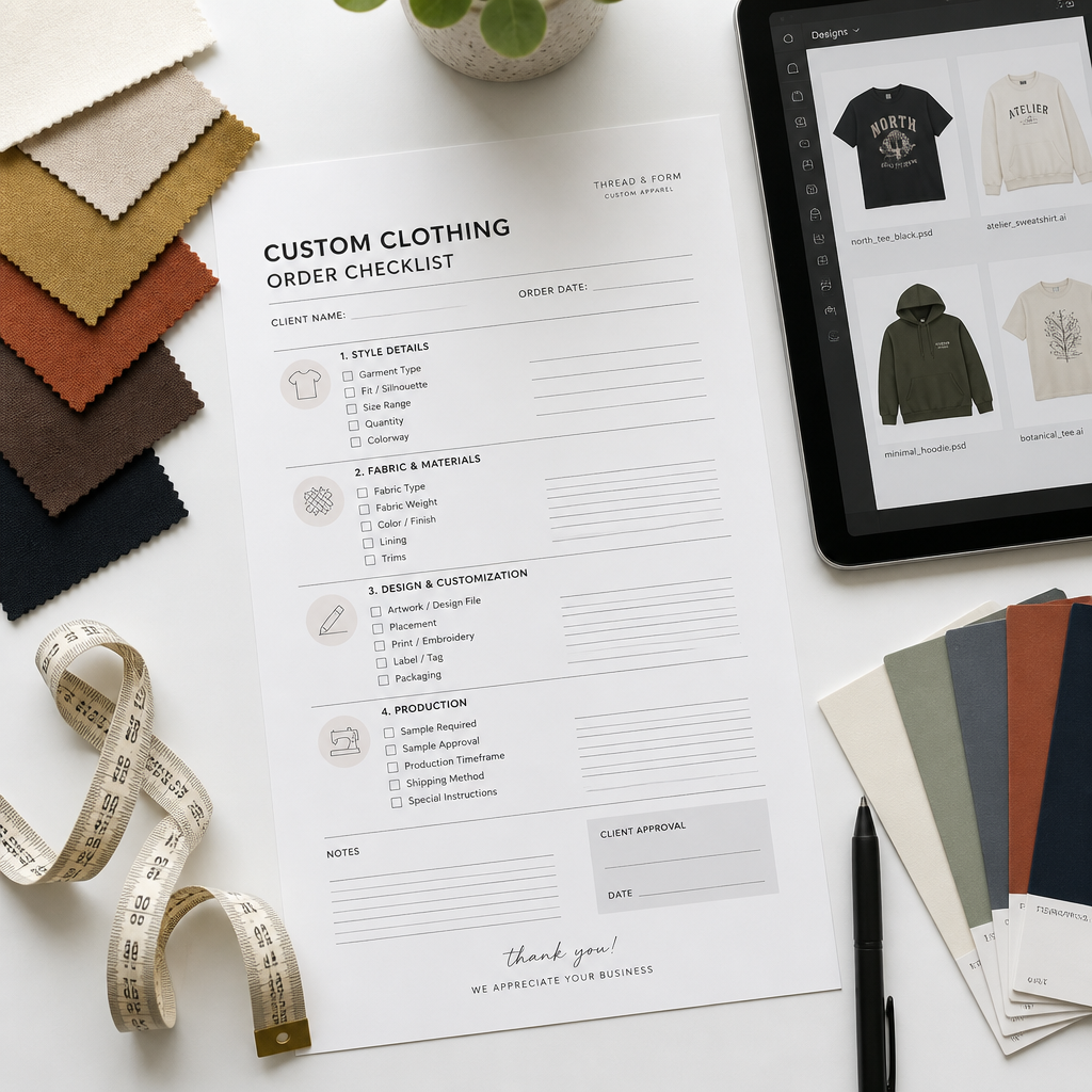 Overhead view of custom clothing order checklist with fabric swatches and design materials