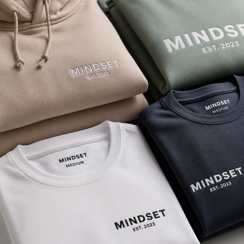 Stacked folded hoodies and t-shirts displaying garment quality and print placement