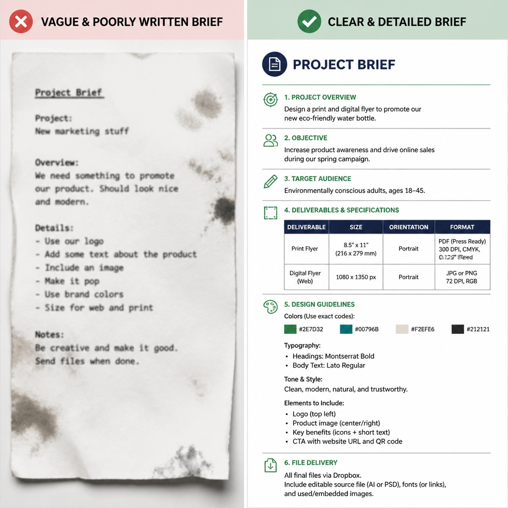 Comparison of a poorly written brief versus a clear, detailed custom order checklist