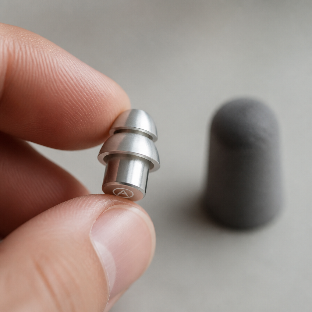 Close-up of a polished metal ear plug held in hand showing its smooth aluminium finish