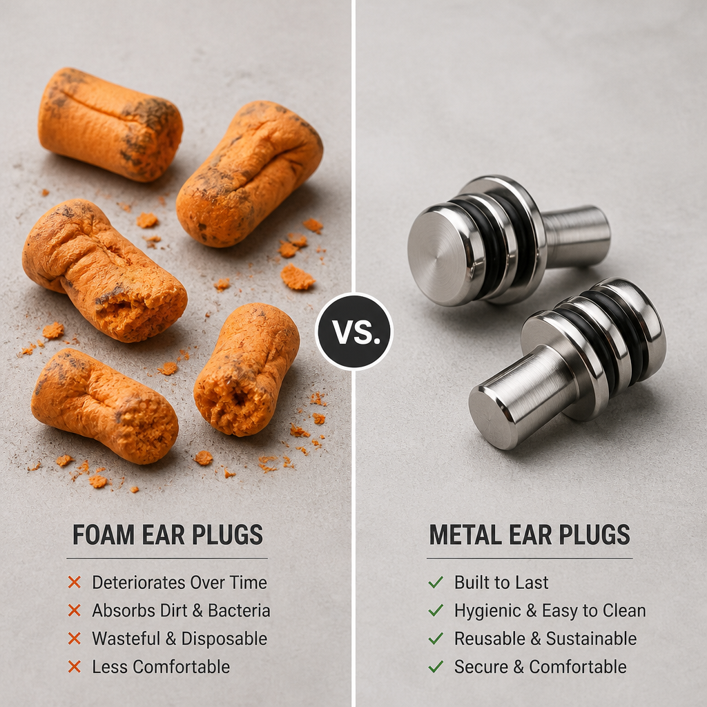 Side-by-side comparison of worn foam ear plugs versus clean metal ear plugs