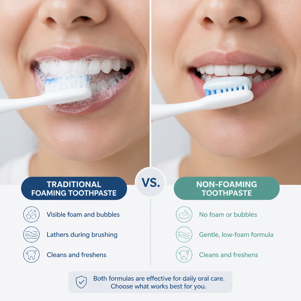 Side-by-side comparison of foaming and non-foaming toothpaste formulas