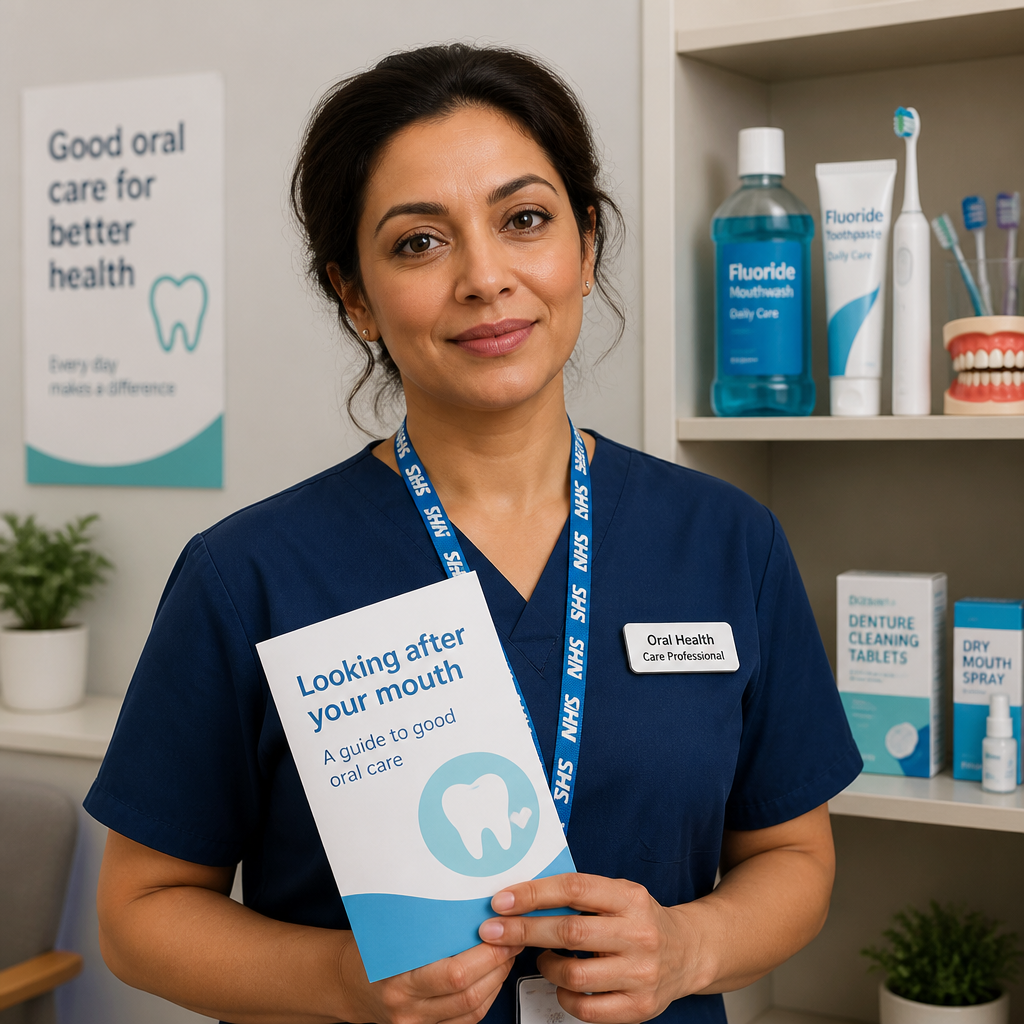 Healthcare professional in clinical setting discussing dental care options