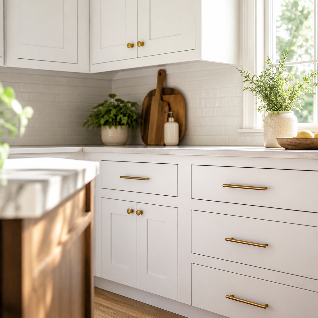 Freshly painted white kitchen cabinets with clean finish and modern hardware in natural light