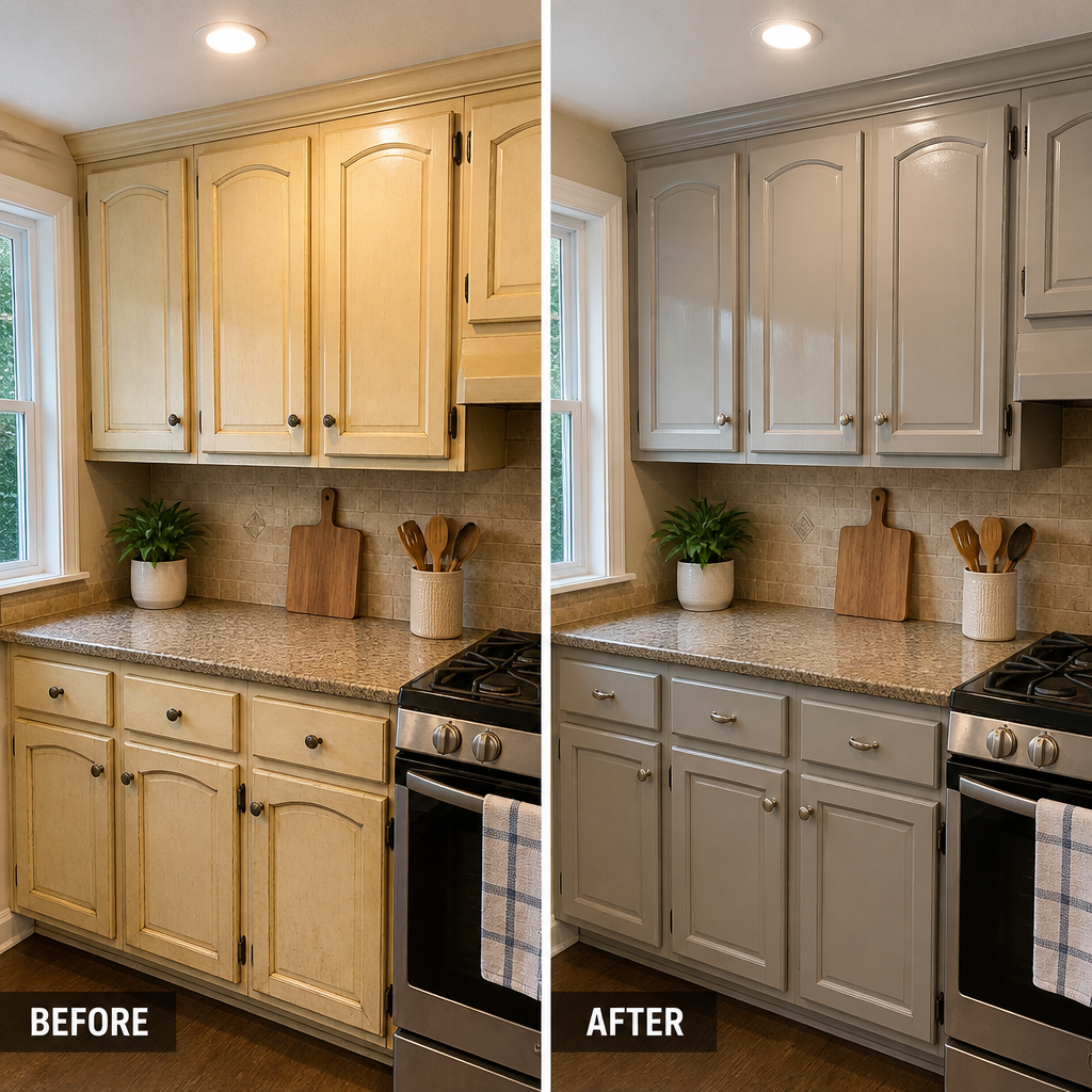 Before and after comparison of kitchen cabinet painting transformation