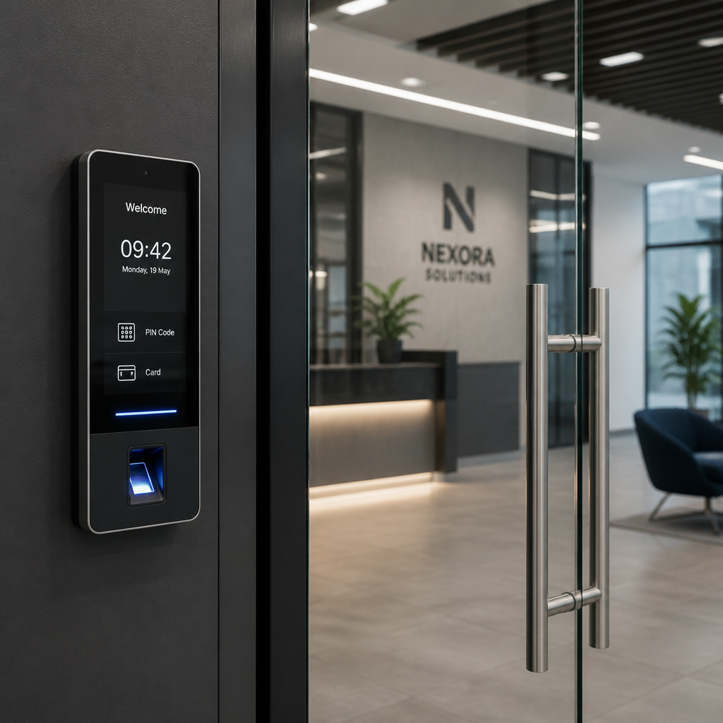 Contemporary office doorway with electronic smart lock access panel