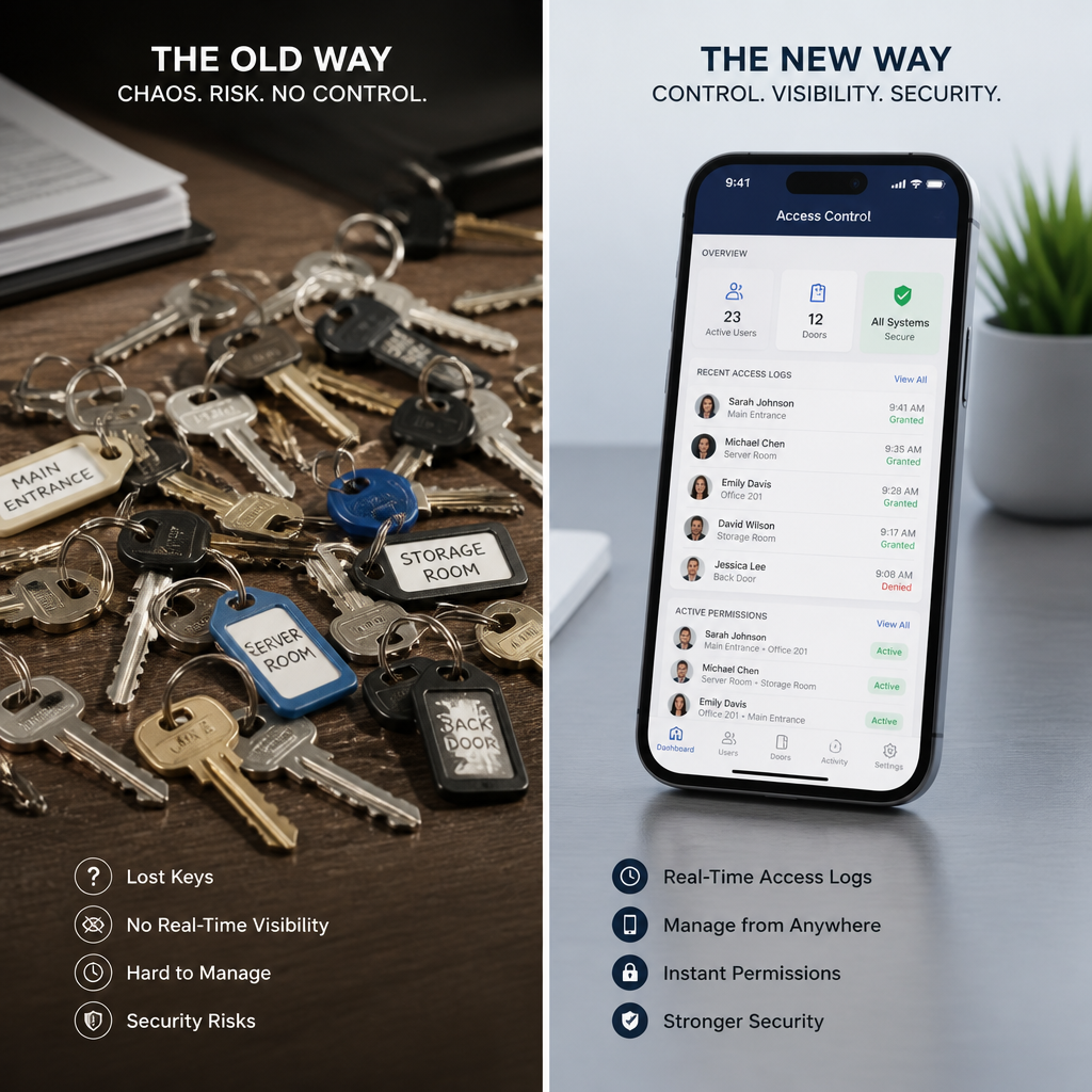 Comparison of traditional keys versus digital access control on smartphone