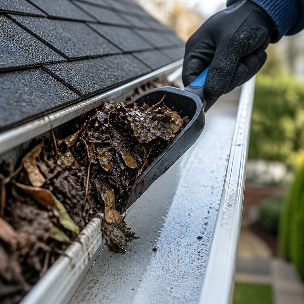 Professional gutter cleaning technician removing debris from residential eavestrough with specialized tools