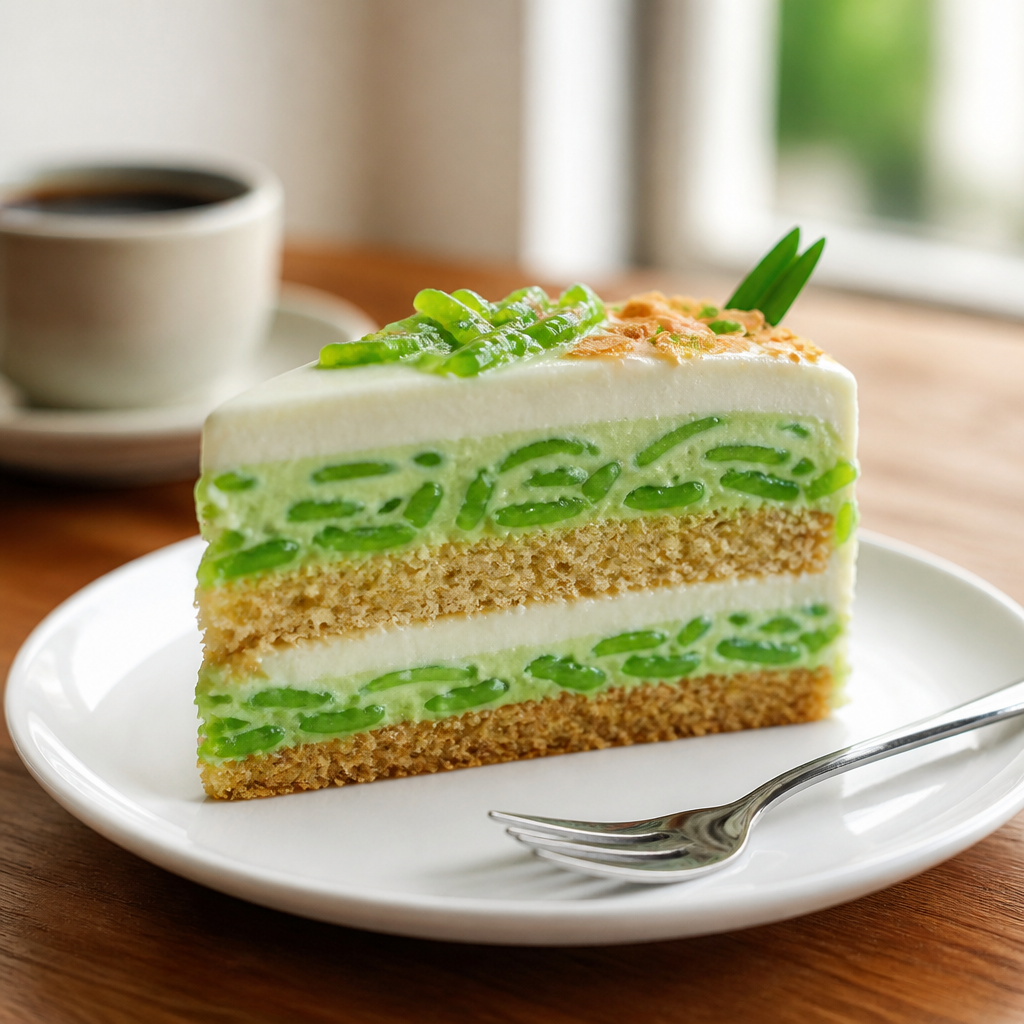 Sliced cendol cake showing green pandan jelly and coconut layers on a white plate