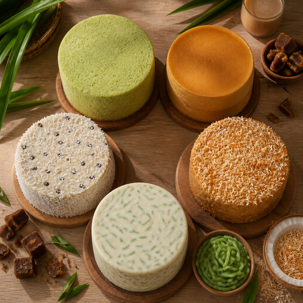 Five Malaysian cakes arranged overhead with fresh ingredients like pandan leaves and palm sugar