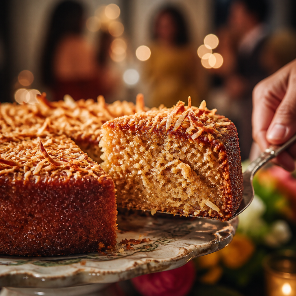 Close-up of palm sugar and toasted coconut cake being sliced, showing golden texture