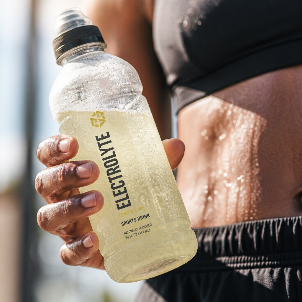 Athlete holding electrolyte sports drink during summer training
