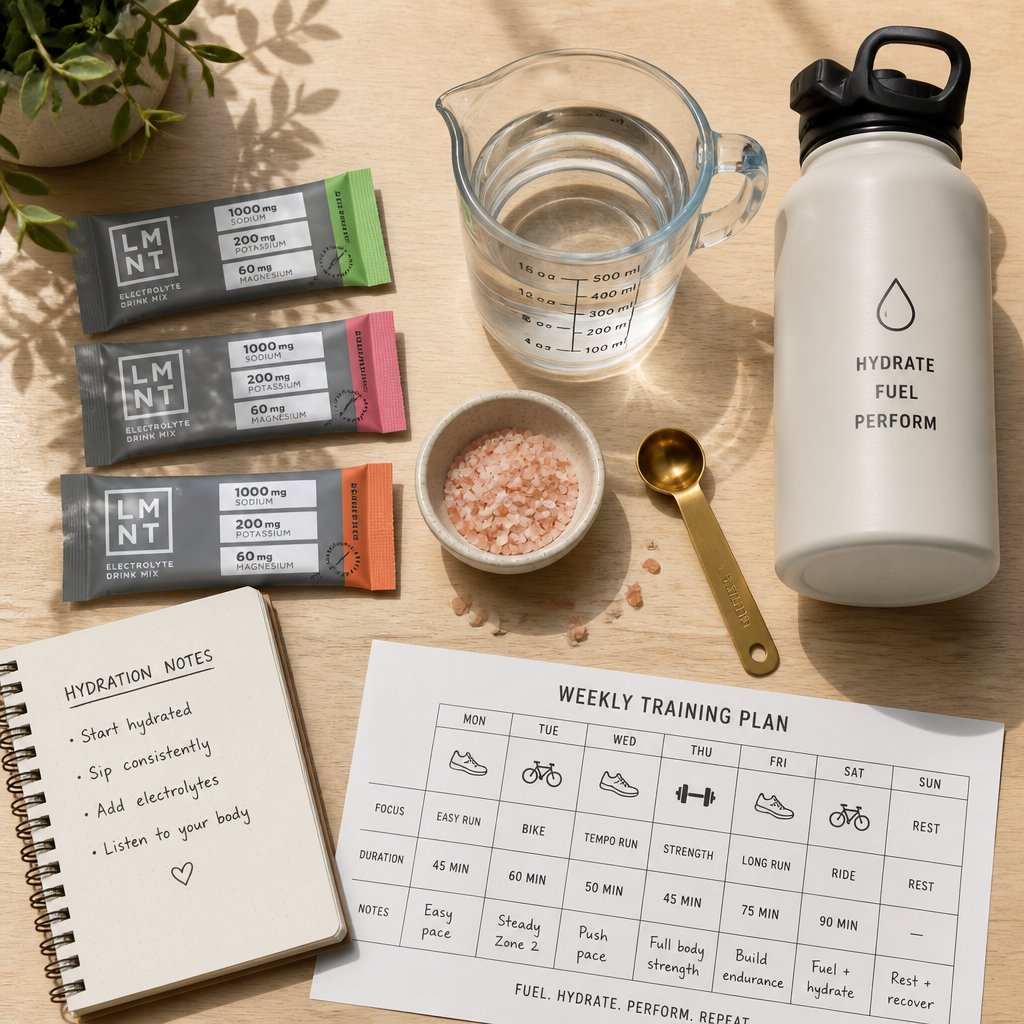Summer hydration planning essentials laid out on wooden surface