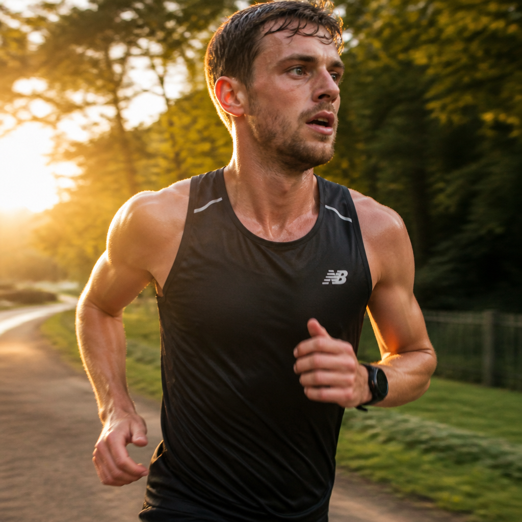 Runner training in summer heat with visible perspiration