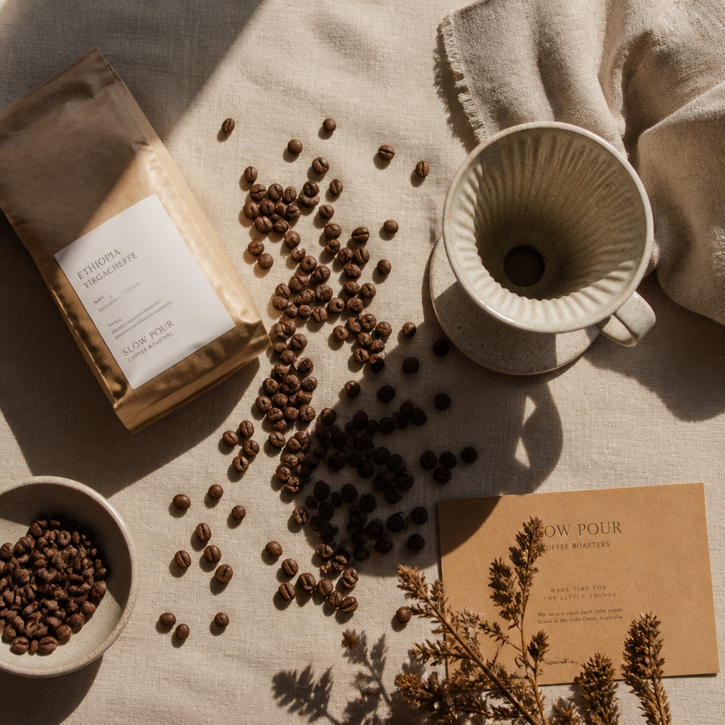 Freshly roasted coffee beans with brewing equipment and packaging on linen surface