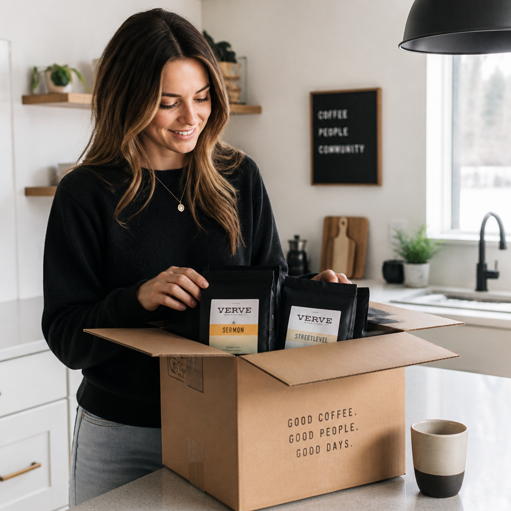 Person opening coffee subscription delivery box in bright kitchen