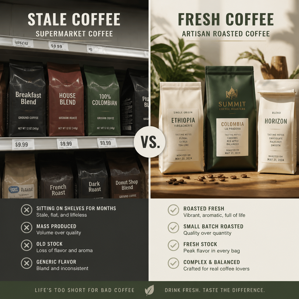 Contrasting image of supermarket coffee versus fresh roasted coffee quality