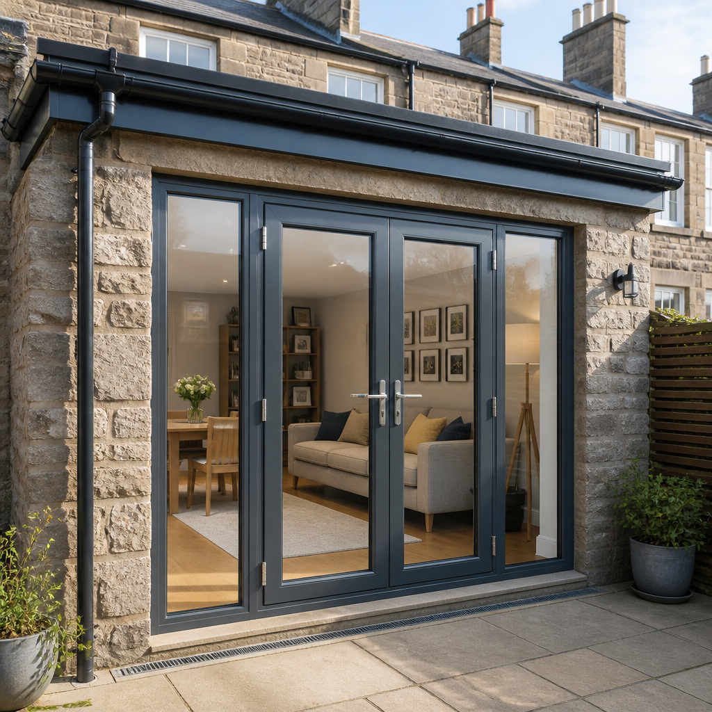 Contemporary garage conversion with aluminium French doors and triple-glazed windows in Edinburgh home