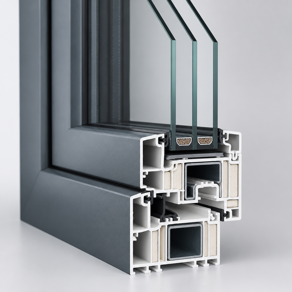 Triple-glazed window frame cross-section showing thermal insulation layers