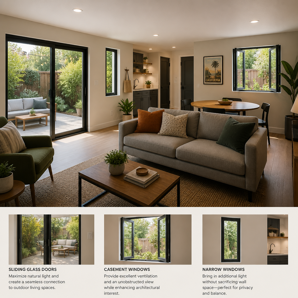 Bright interior of converted garage space showing various window and door styles integrated into living area
