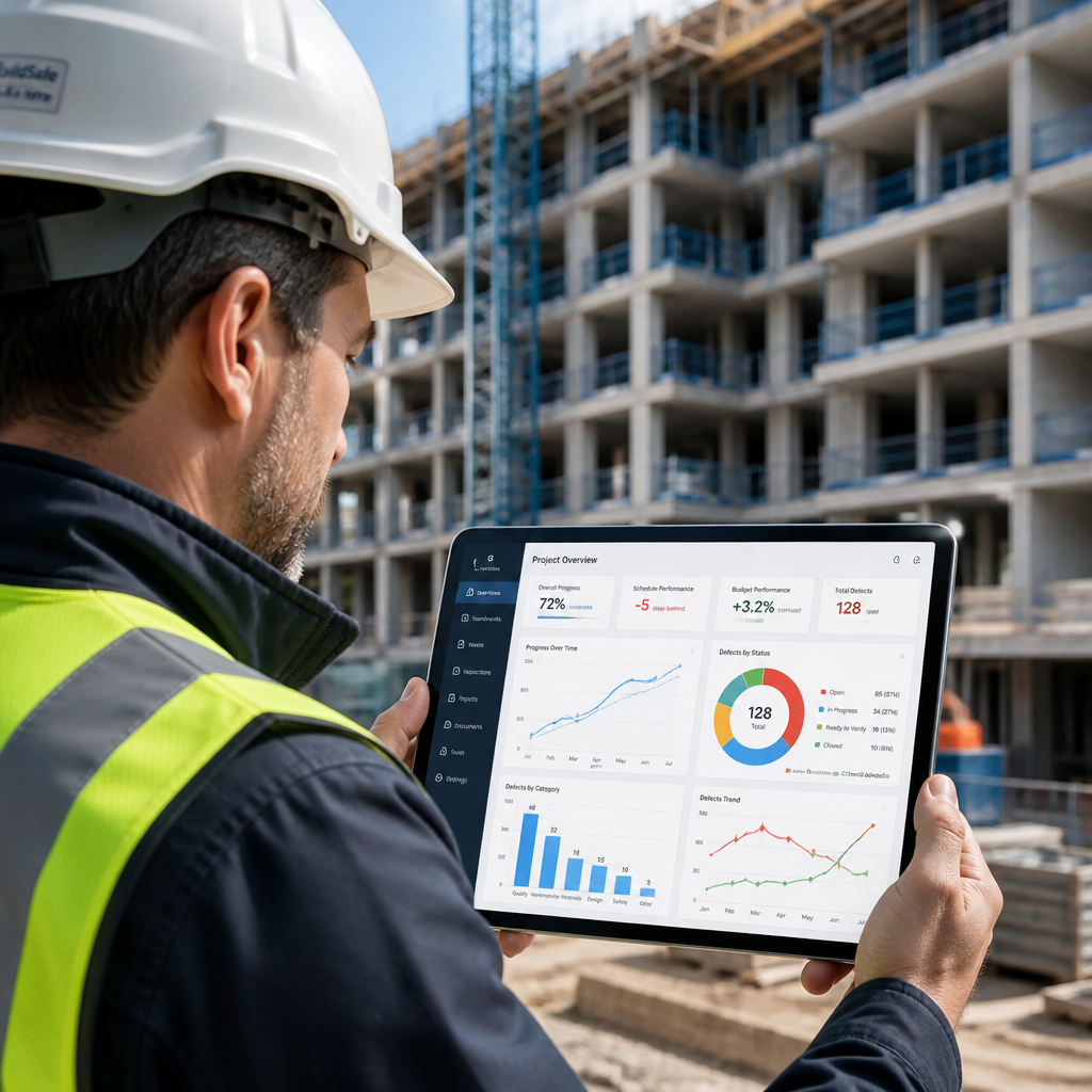 Construction manager analyzing defect data on tablet at residential building site