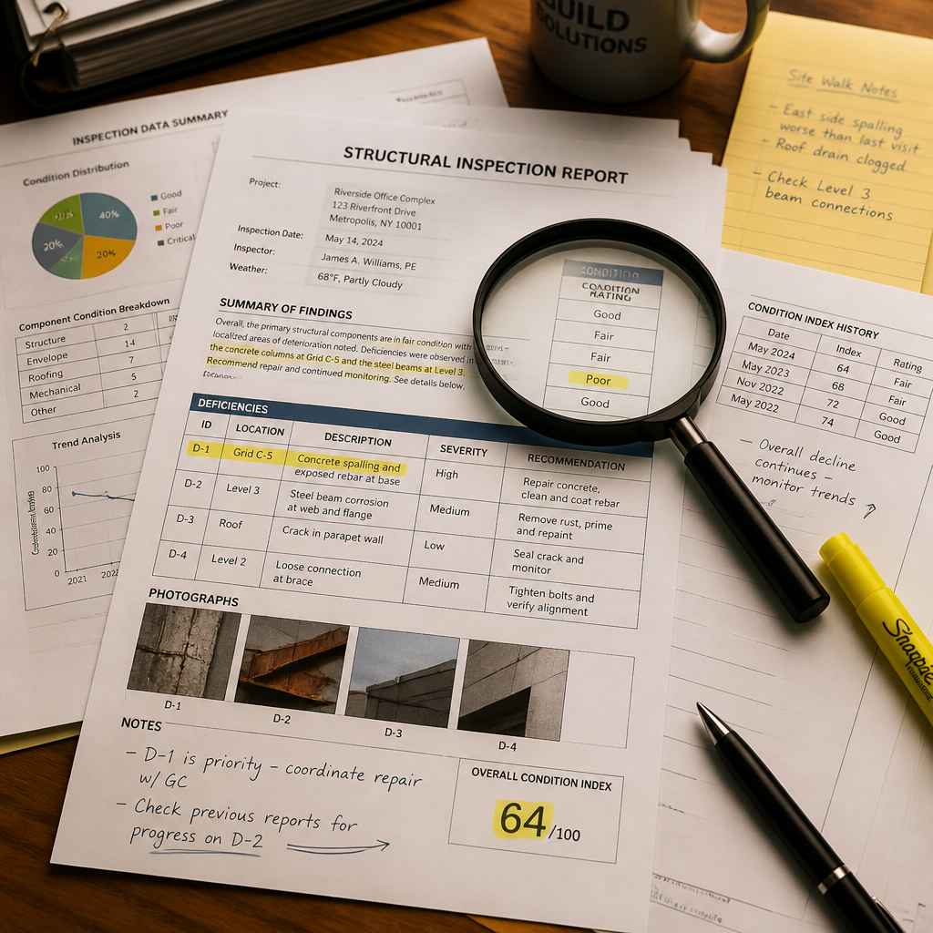 Inspection report documents with magnifying glass and analytical notes on desk