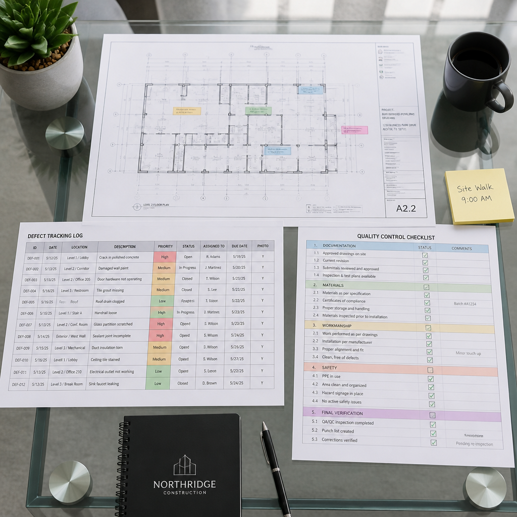 Overhead view of construction documents and quality control tracking materials
