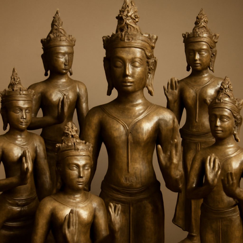 Collection of bronze Bodhisattva sculptures displaying different poses and hand gestures from the Angkor period