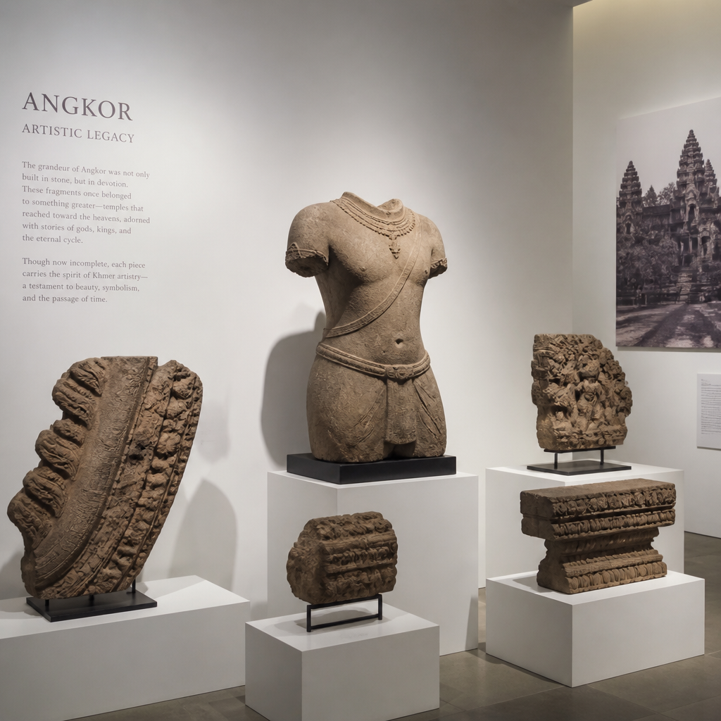 Gallery display of Khmer sculptural fragments on pedestals in a museum setting