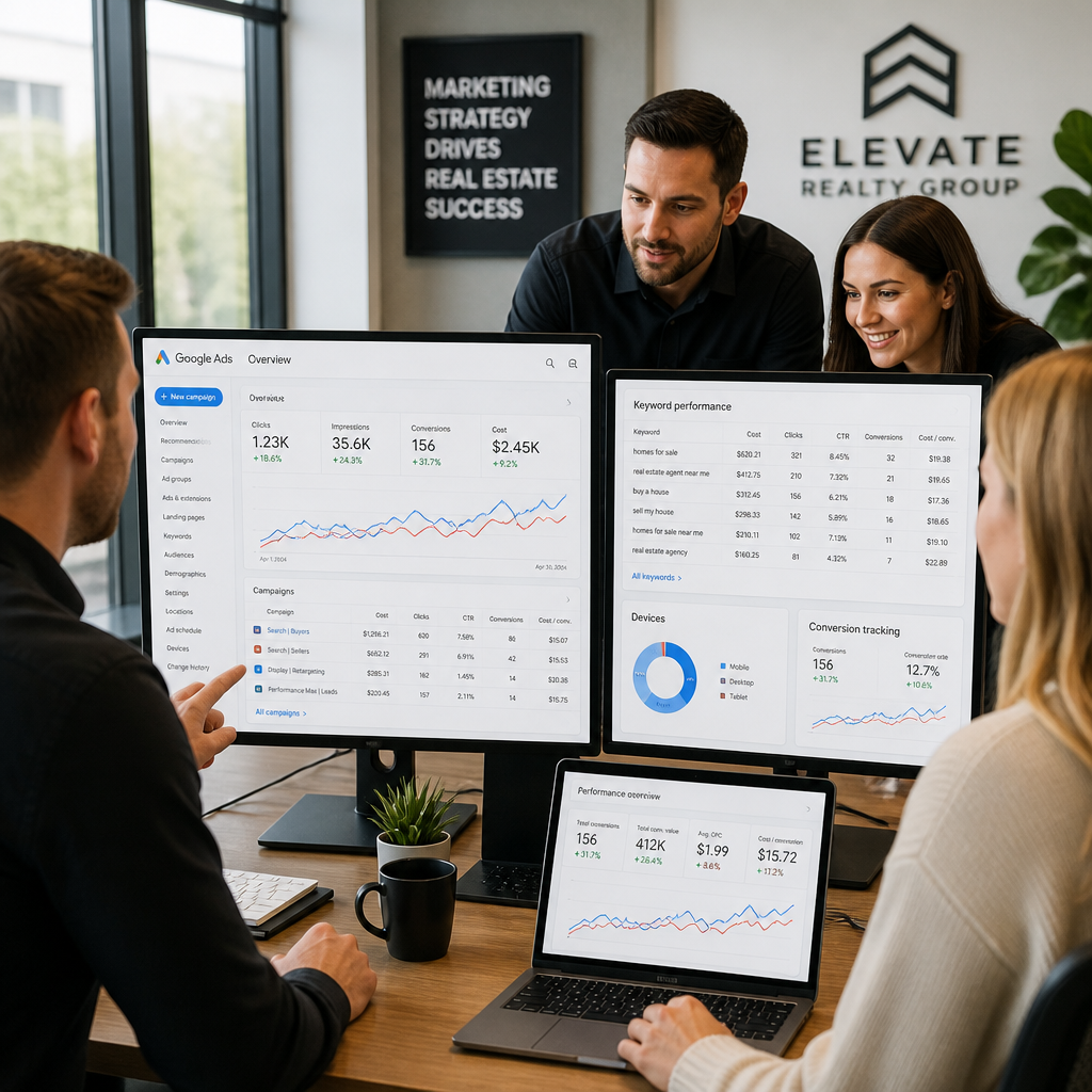Real estate professionals analyzing Google Ads campaign performance metrics on office computer screens