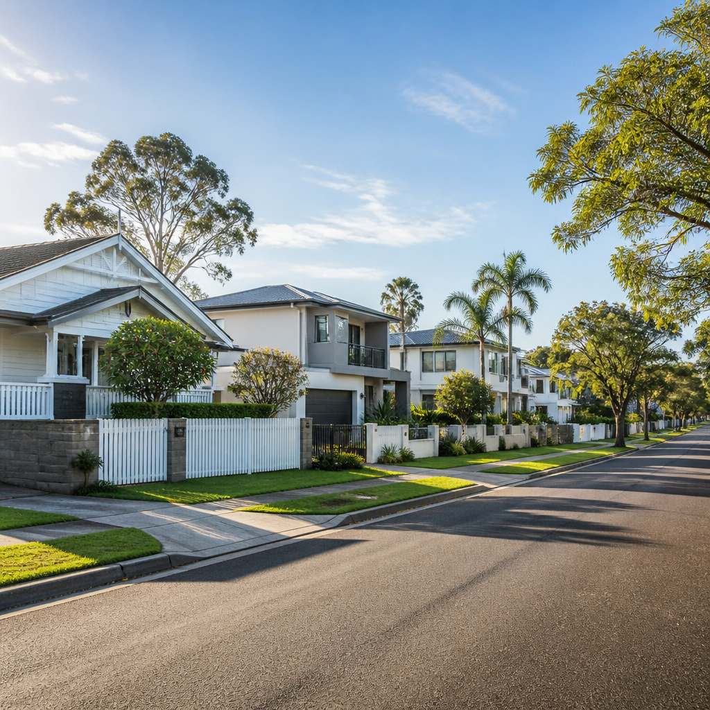 Suburban Brisbane residential street with diverse family homes and properties