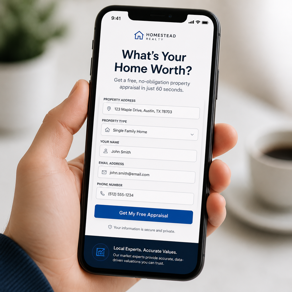 Hand holding smartphone showing property appraisal request form interface