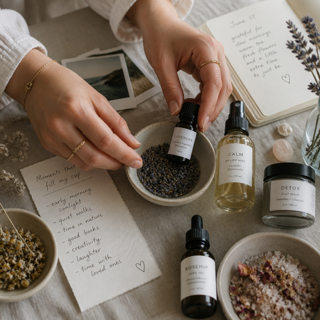 Thoughtful selection of personalized self-care items arranged with intention and care