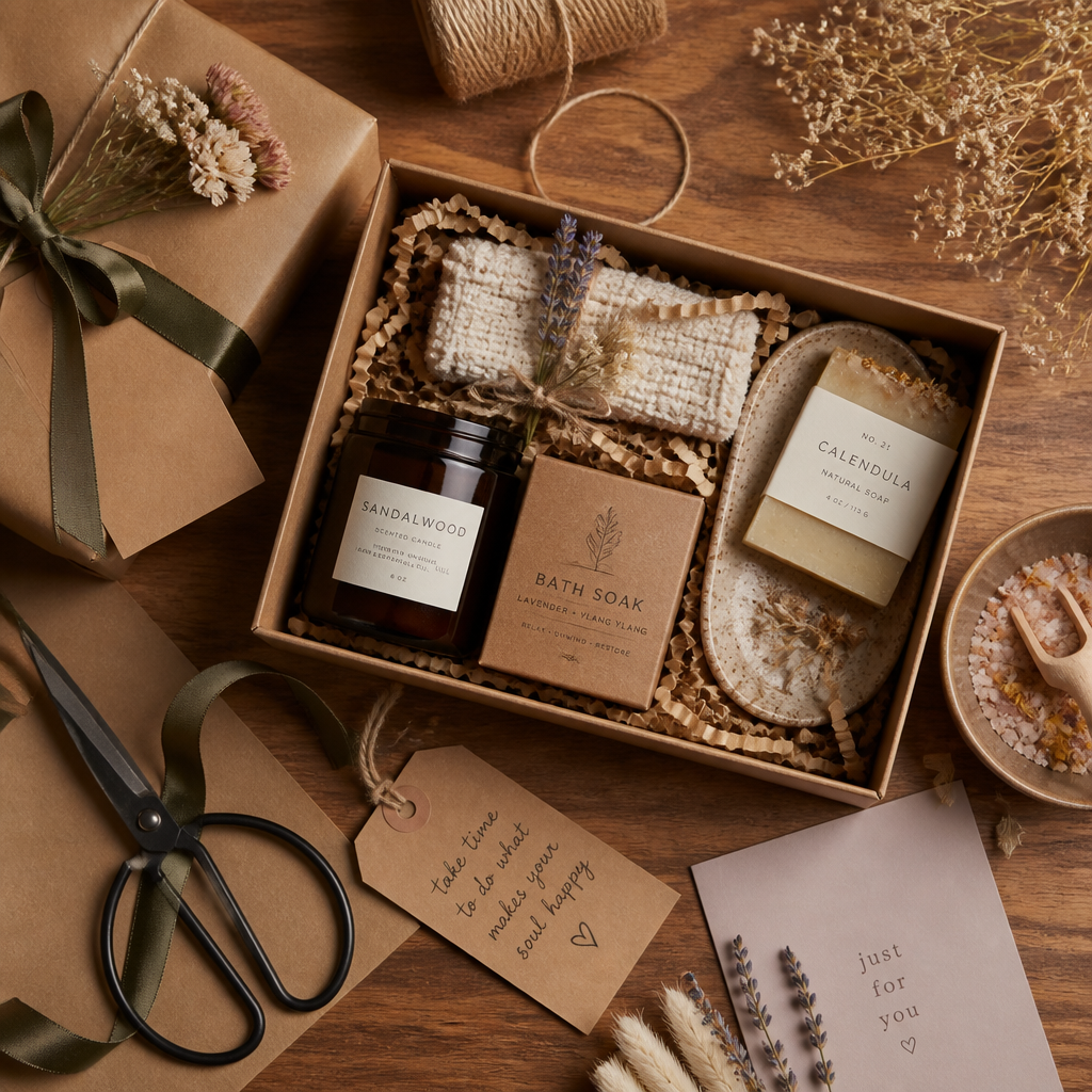 Artfully wrapped self-care gift being prepared with natural, sustainable materials