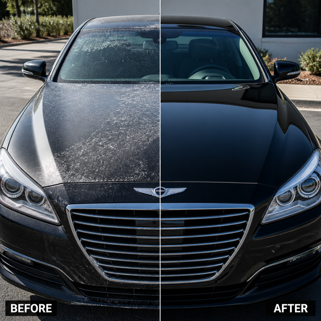 Before and after comparison of paint correction on luxury vehicle hood
