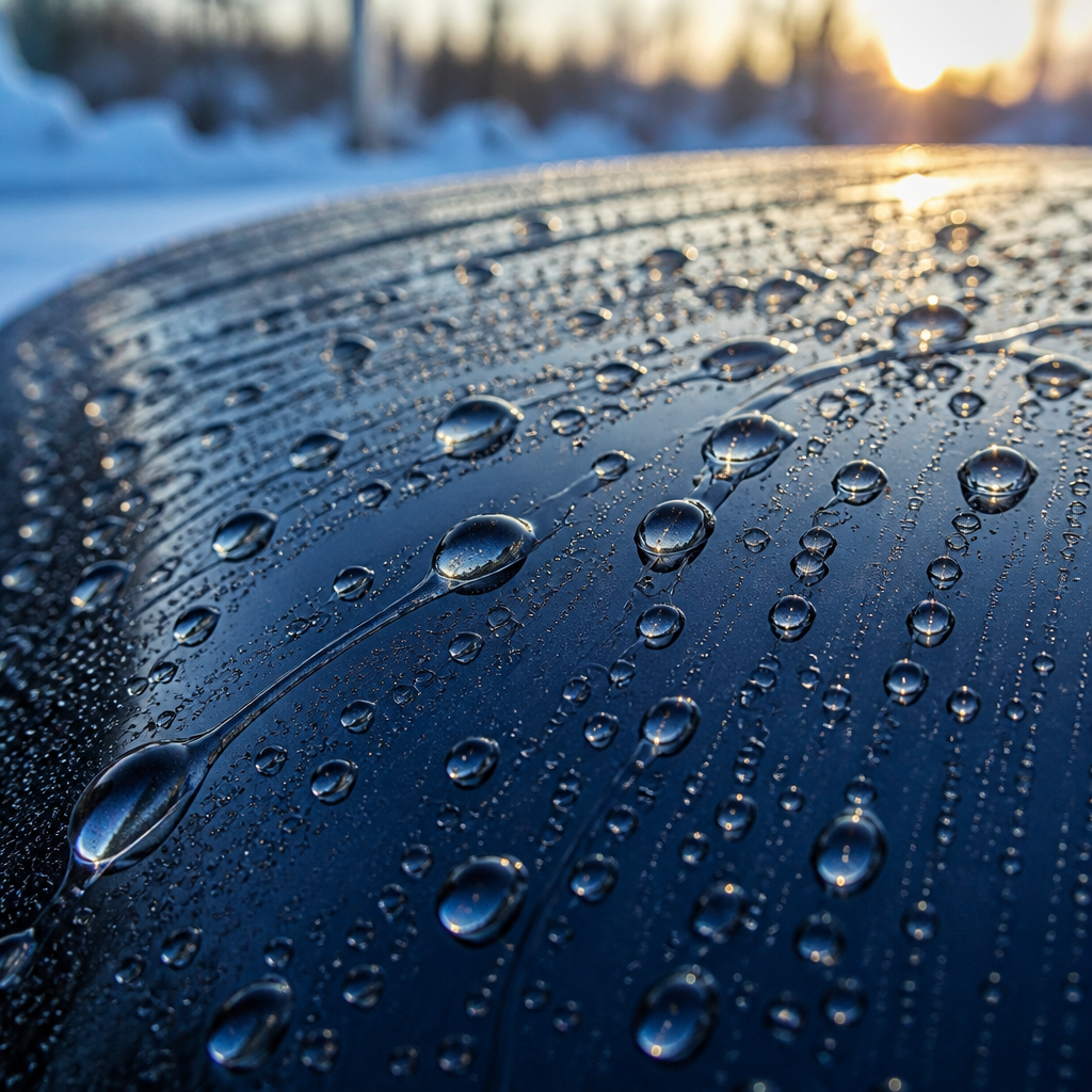 Water beading on ceramic coated car surface demonstrating protective coating