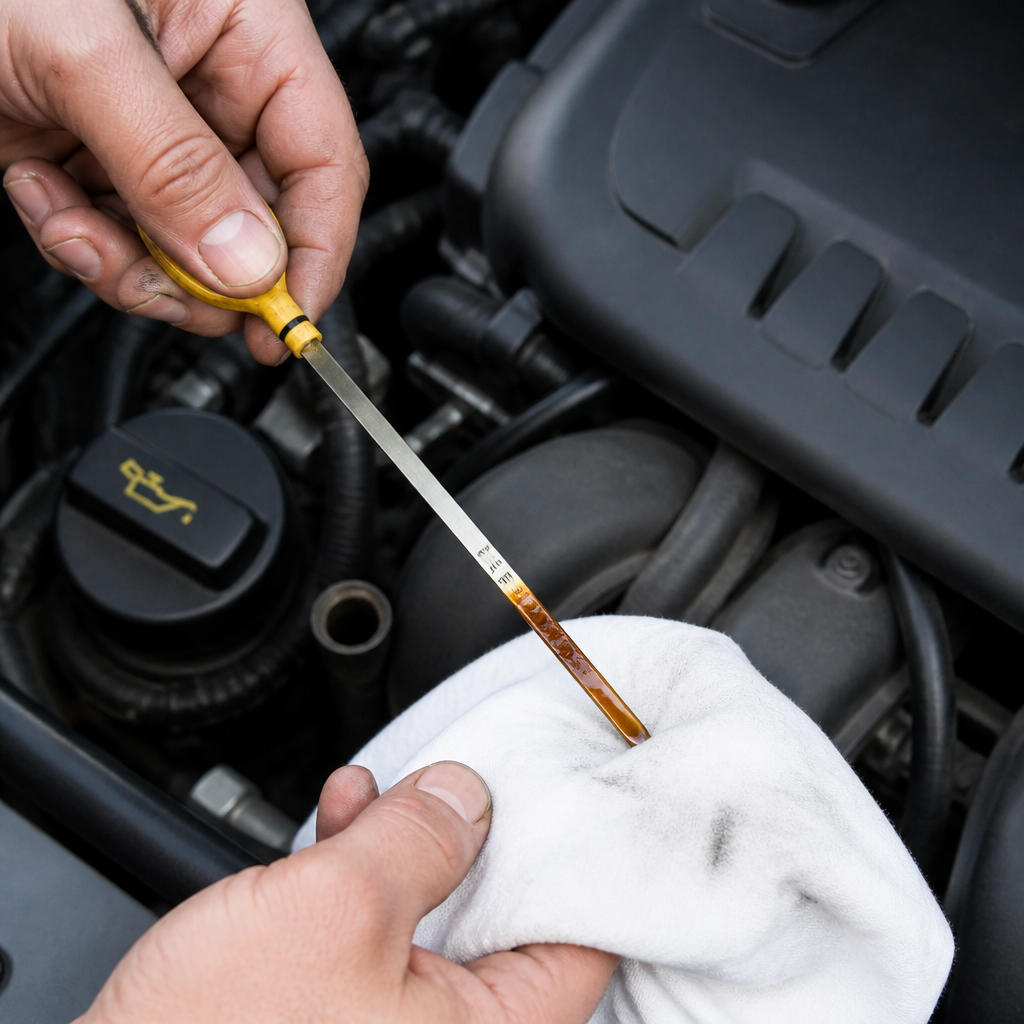 Mechanic checking engine oil level with dipstick