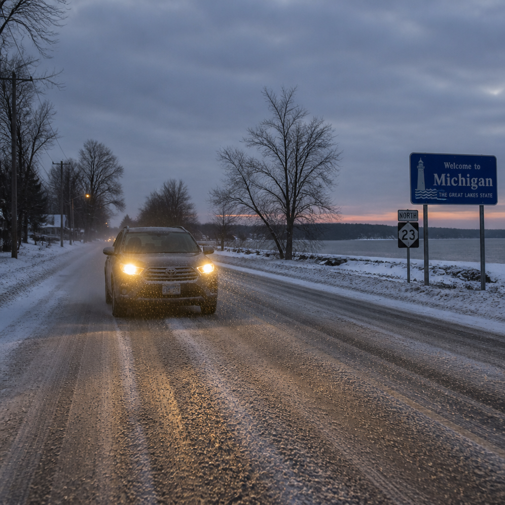 Car driving on snowy Michigan winter road