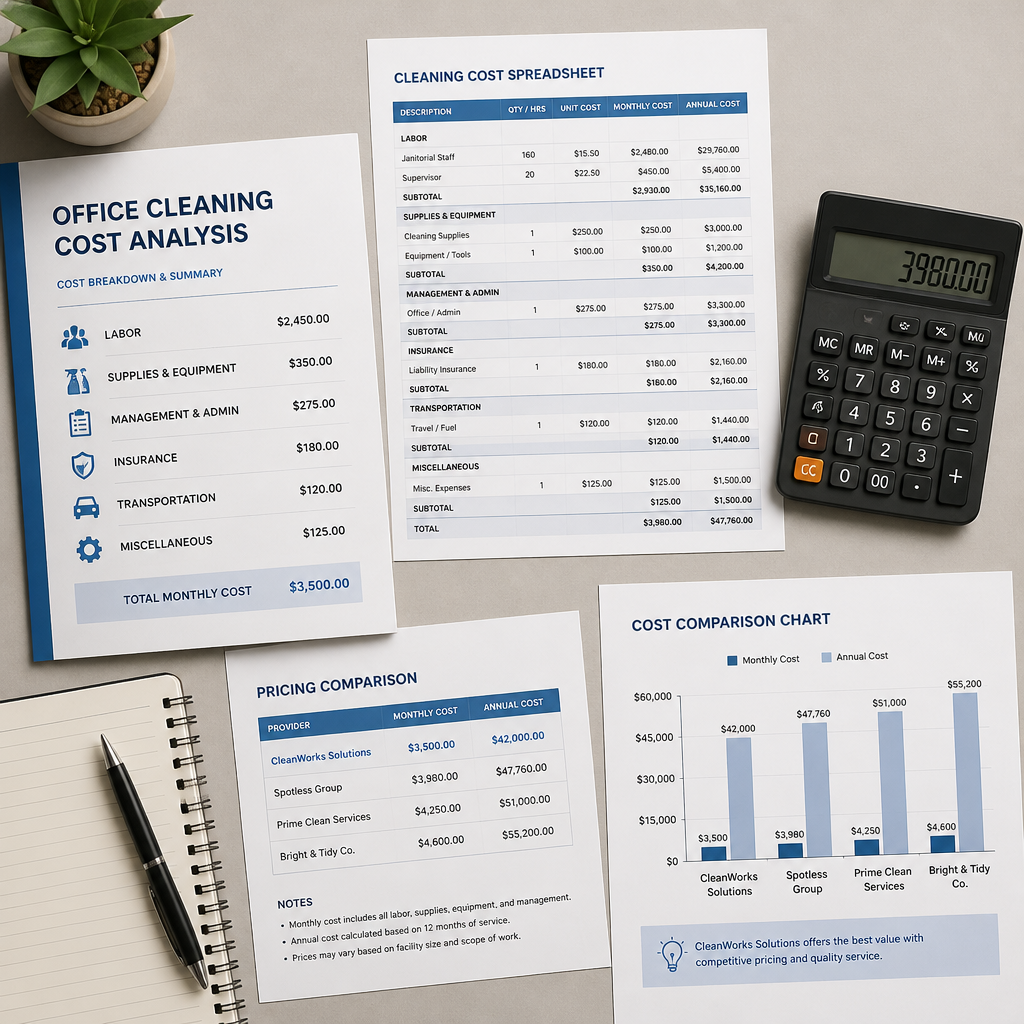 Office cleaning pricing documents and cost comparison spreadsheets on desk in mulgrave, rowville, springvale 