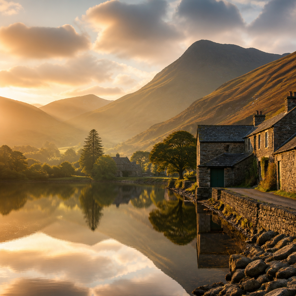Misty Lake District mountains at sunset with traditional stone buildings nestled in the valley