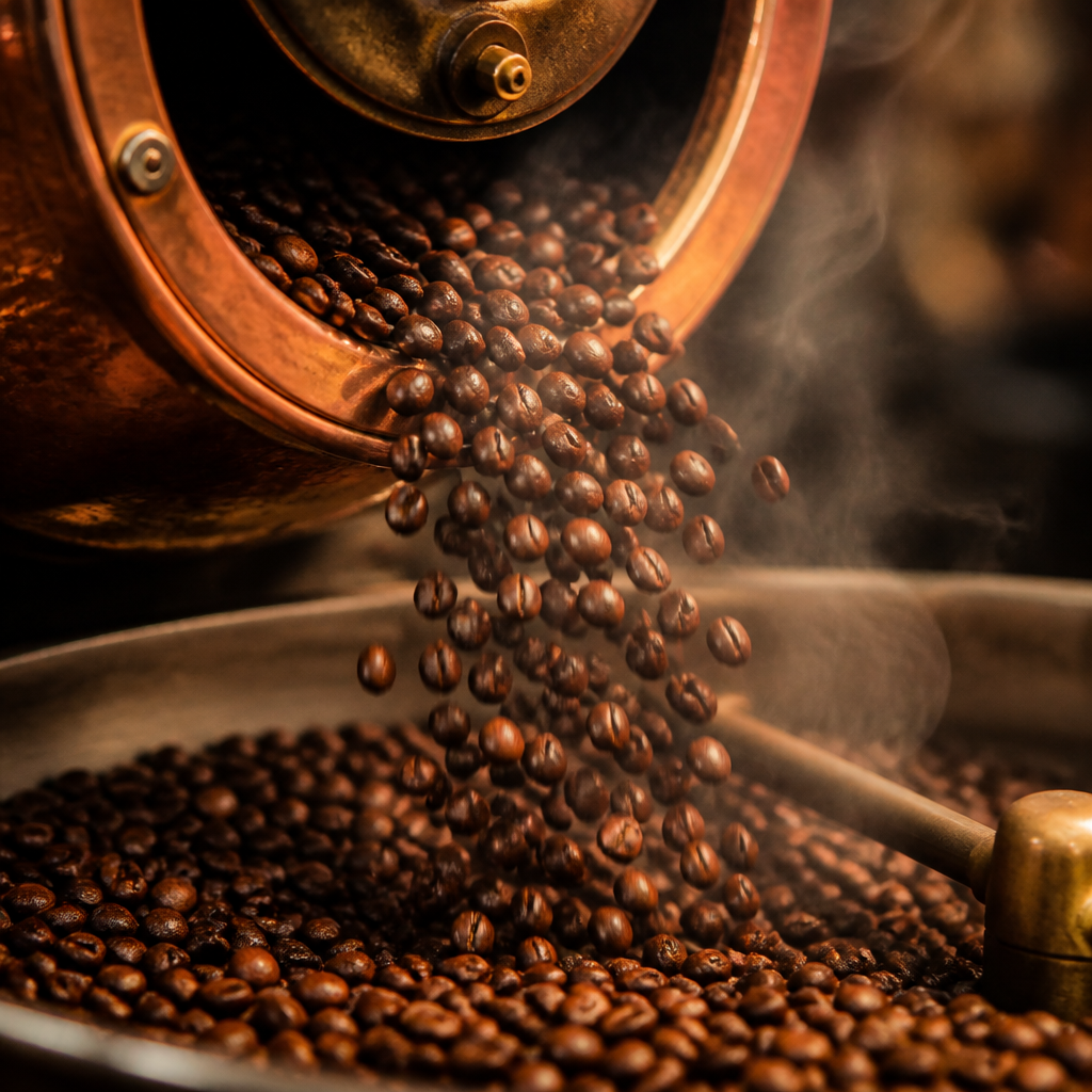 Dark roasted coffee beans flowing from a traditional roasting drum with visible steam and warm lighting