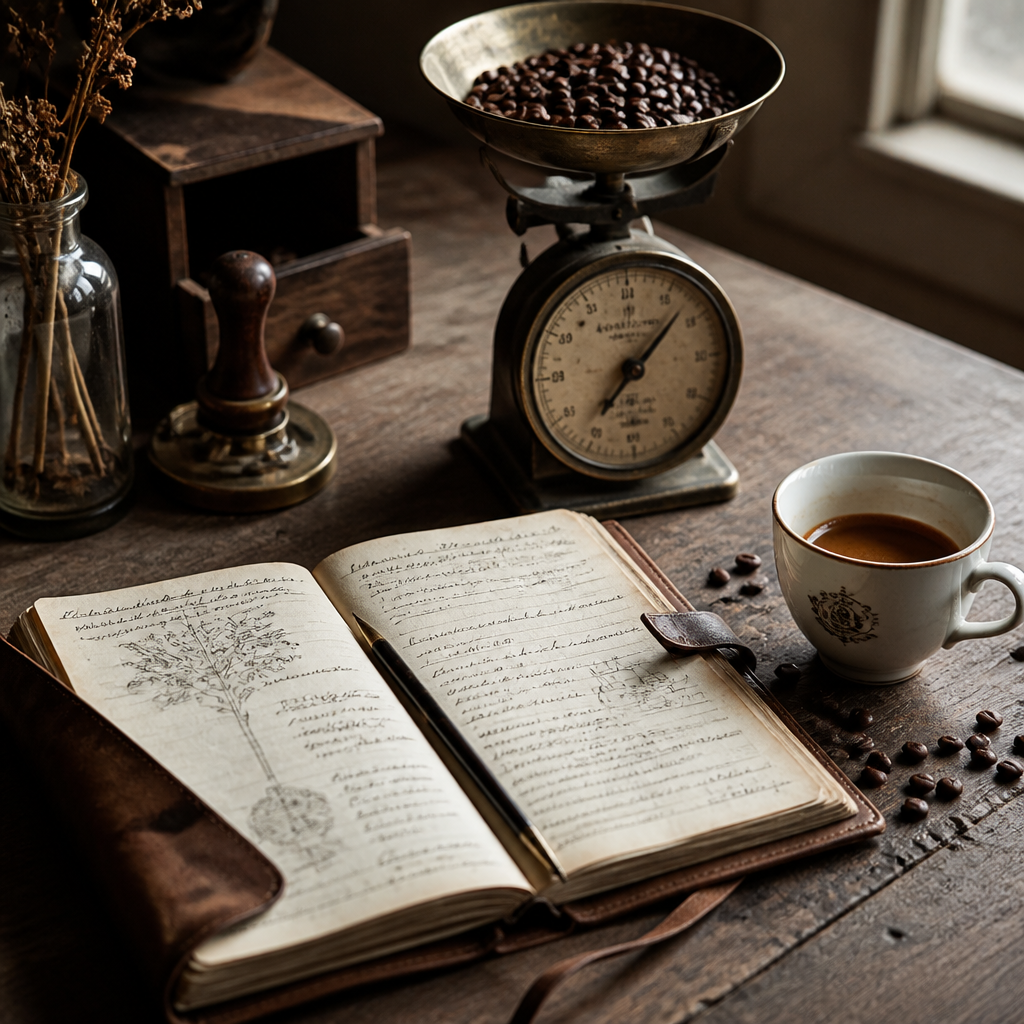 Vintage coffee roasting notes with scales, beans, and espresso cup arranged on wooden surface with natural lighting