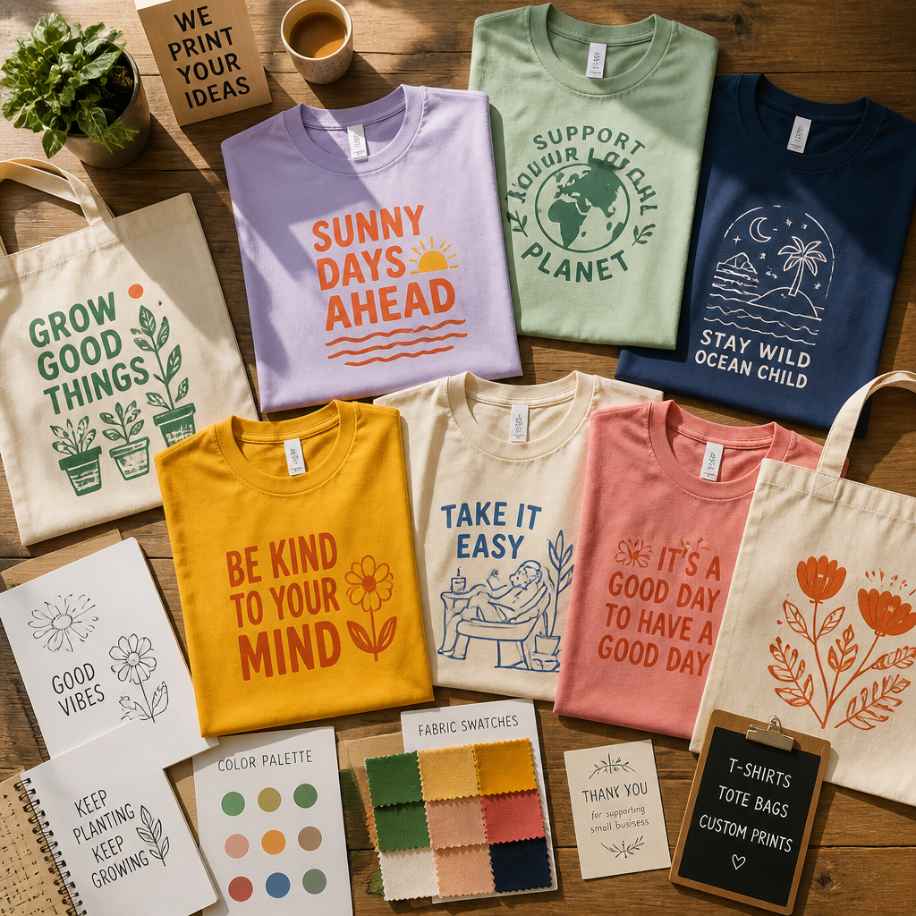 Custom printed merchandise displayed on a market stall table with various apparel samples