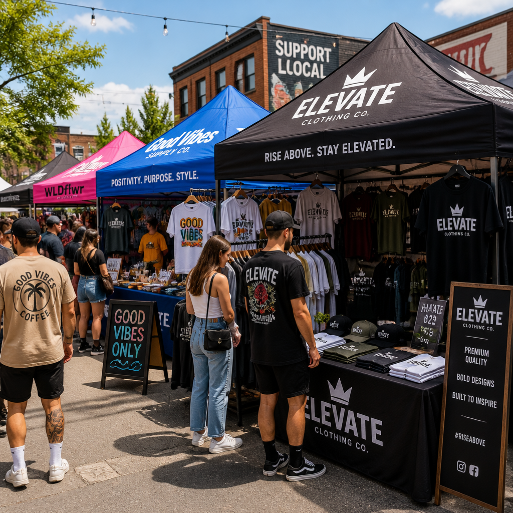 Active outdoor pop-up market with multiple branded merchandise stalls and browsing customers