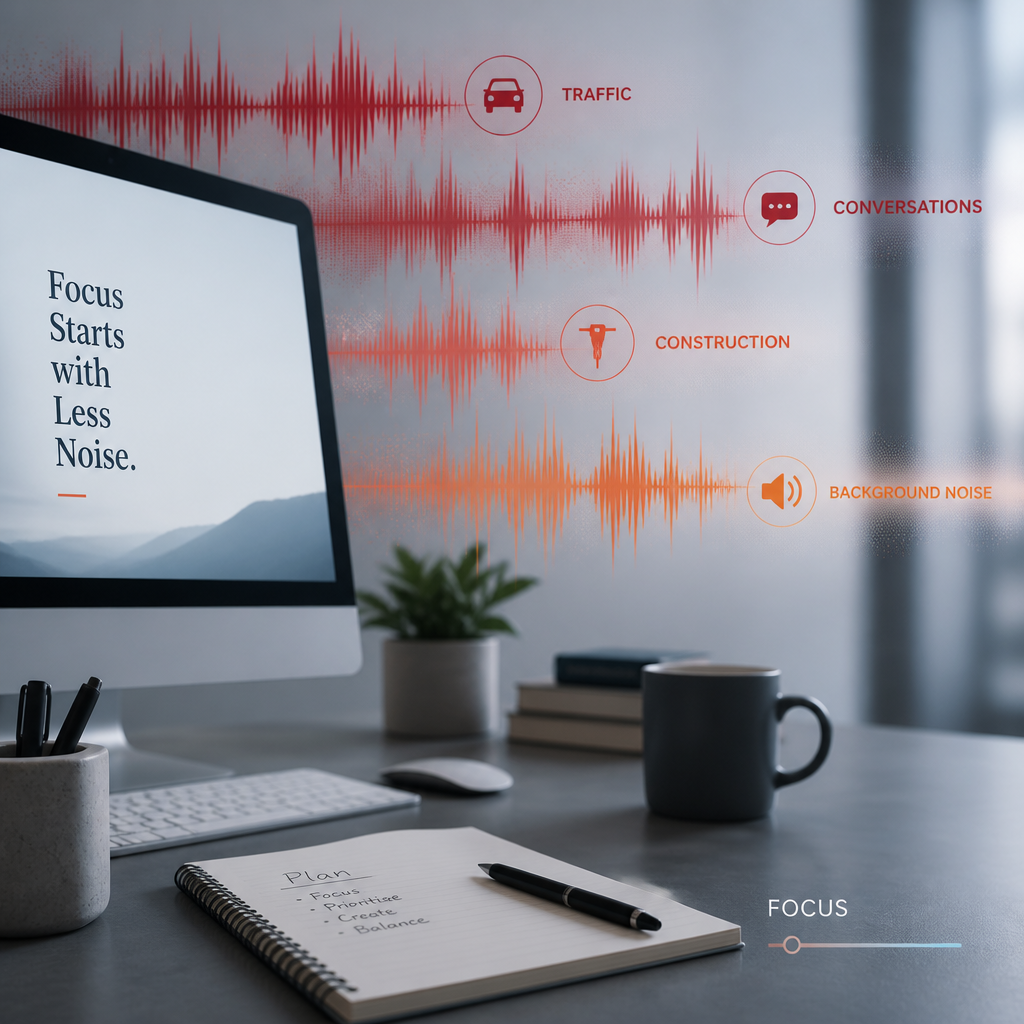 Abstract visualization of noise disruption in a professional workspace with sound waves